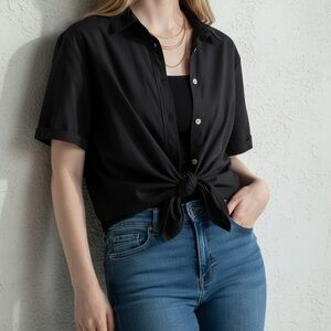 Natural Life Button Down Cotton Short Sleeve Boxy Top Large Solid Black